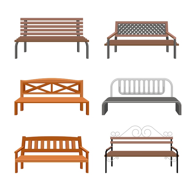 Ilustración de bancos. Iconos planos al aire libre.