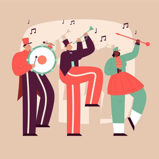 Ilustración de banda de marcha plana dibujada a mano de música