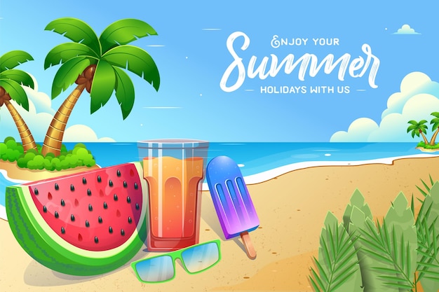 Ilustración de la bandera de las vibraciones de verano con playa tropical