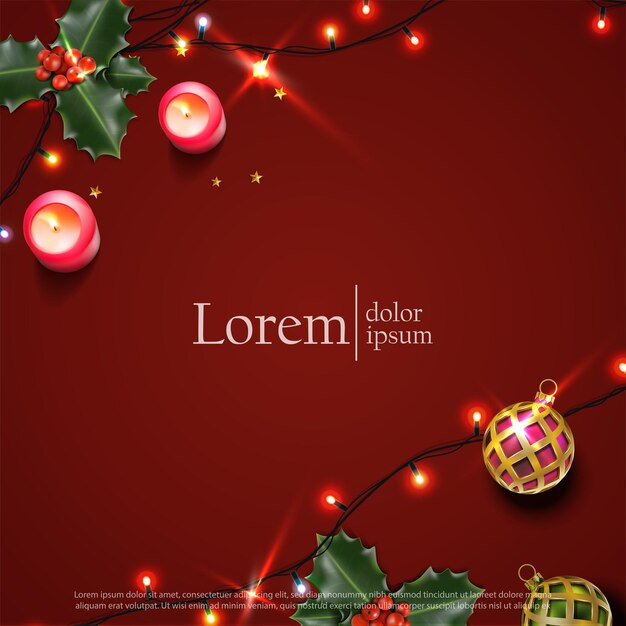 Ilustración de banner vectorial. plantilla de publicidad Fondo cuadrado en rojo con bolas de navidad, l