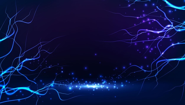 Vector gratuito ilustración de banner vectorial relámpago de trueno en fondo azul abstracto con destellos de neón y luz