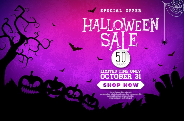 Vector gratuito ilustración de banner de venta de halloween con cementerio de calabazas espeluznantes y murciélagos voladores en misterio violeta b ...