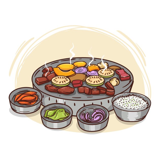Ilustración de barbacoa coreana dibujada a mano