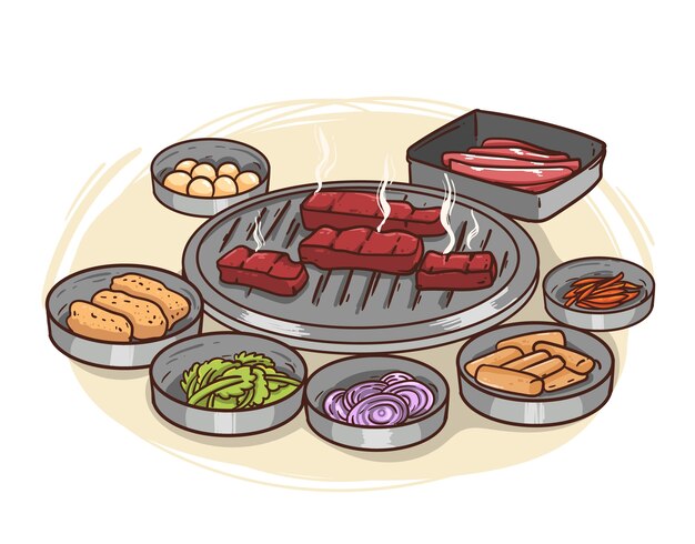 Ilustración de barbacoa coreana dibujada a mano