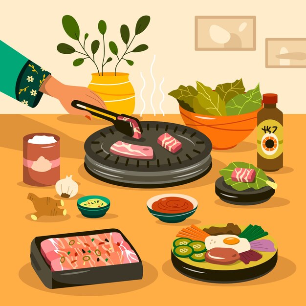 Ilustración de barbacoa coreana dibujada a mano