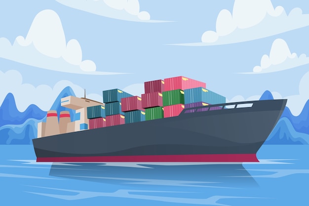 Ilustración de barco de contenedores de diseño plano