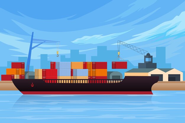 Ilustración de barco de contenedores de diseño plano
