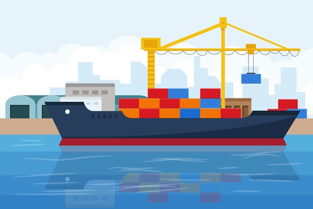 Ilustración de barco de contenedores de diseño plano