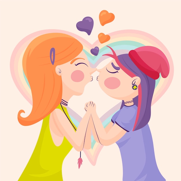 Vector gratuito ilustración de beso de pareja de lesbianas de dibujos animados