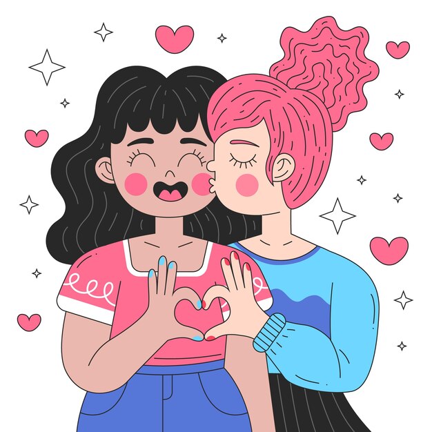 Ilustración de beso de pareja de lesbianas de diseño plano