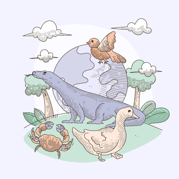 Ilustración de biodiversidad dibujada a mano