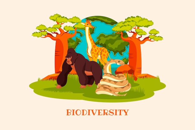 Ilustración de biodiversidad plana dibujada a mano de animales