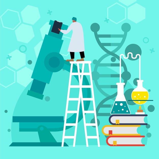 Ilustración de biotecnología plana con investigador.