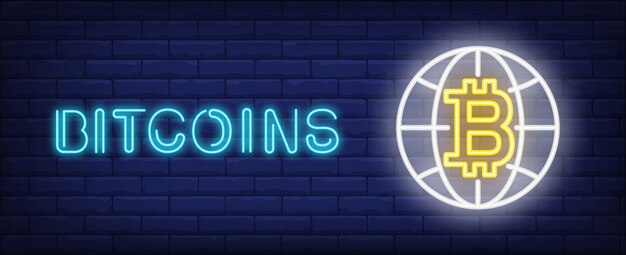 Ilustración de Bitcoins en estilo neón. Texto, globo y bitcoin en el fondo de la pared de ladrillo.