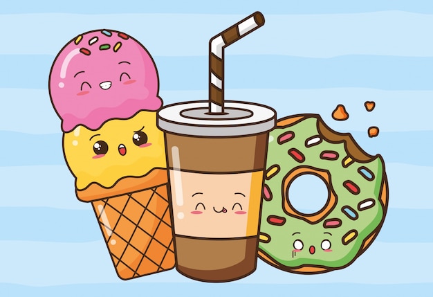 Ilustración de bocadillos lindos de comida rápida kawaii