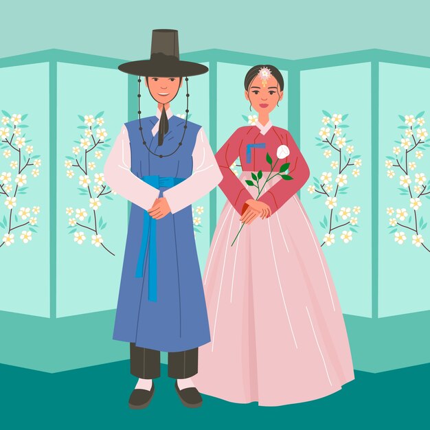 Ilustración de boda coreana dibujada a mano