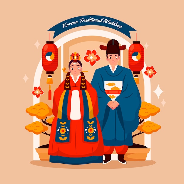 Ilustración de boda coreana dibujada a mano