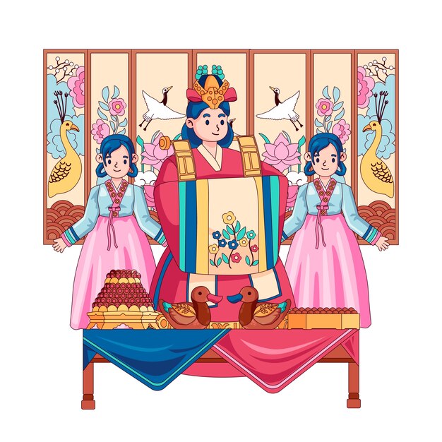 Ilustración de boda coreana dibujada a mano
