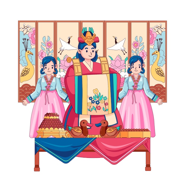 Ilustración de boda coreana dibujada a mano