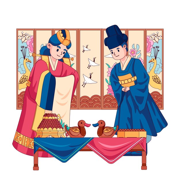 Ilustración de boda coreana dibujada a mano