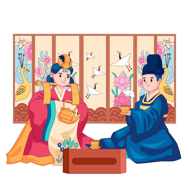 Ilustración de boda coreana dibujada a mano