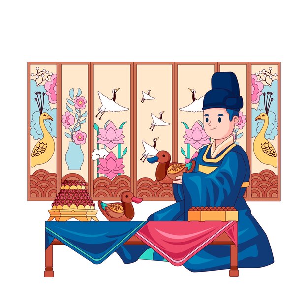 Ilustración de boda coreana dibujada a mano