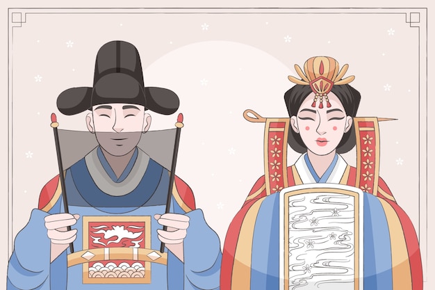 Ilustración de boda coreana dibujada a mano