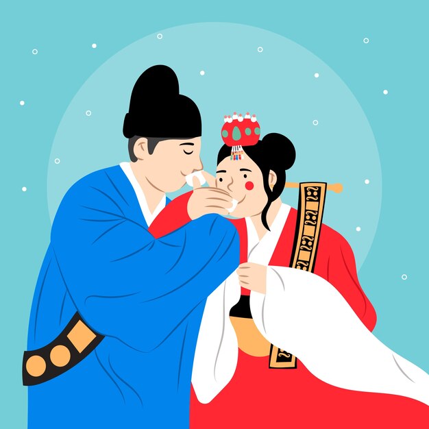 Ilustración de boda plana dibujada a mano de cultura coreana