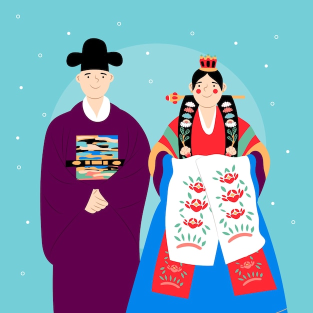Ilustración de boda plana dibujada a mano de cultura coreana