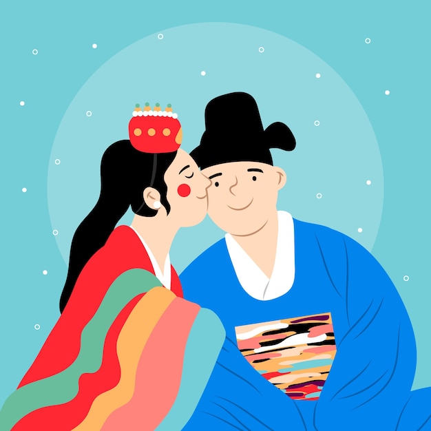 Ilustración de boda plana dibujada a mano de cultura coreana