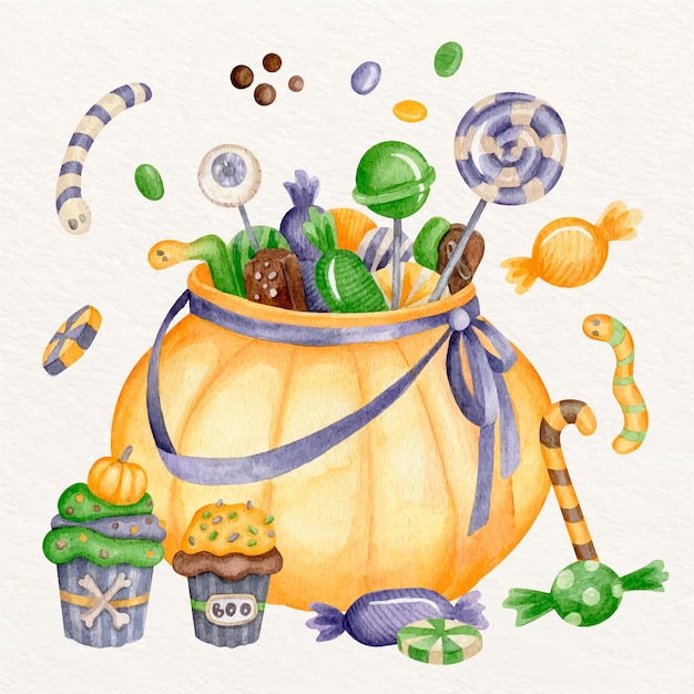Ilustración de bolsa de halloween en acuarela