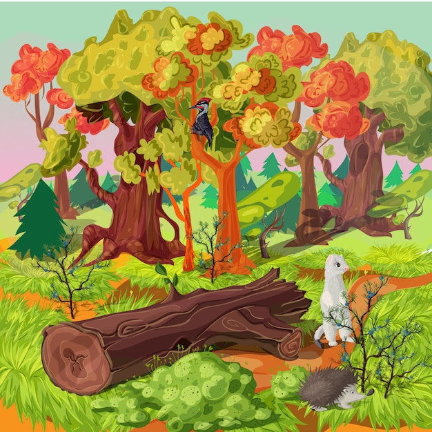 Vector gratuito ilustración de bosque y animales