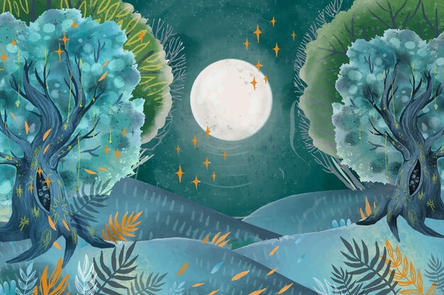 Ilustración de bosque encantado acuarela