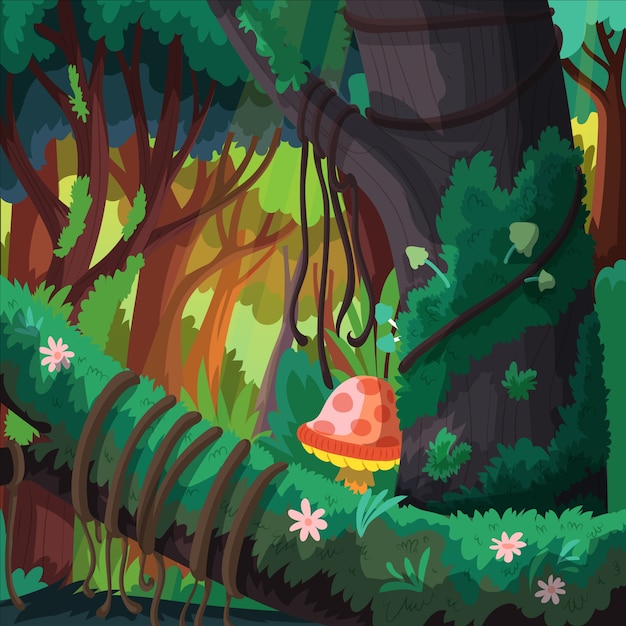 Ilustración de bosque encantado de diseño plano dibujado a mano