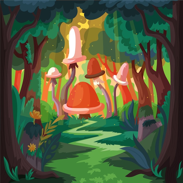 Ilustración de bosque encantado de diseño plano dibujado a mano