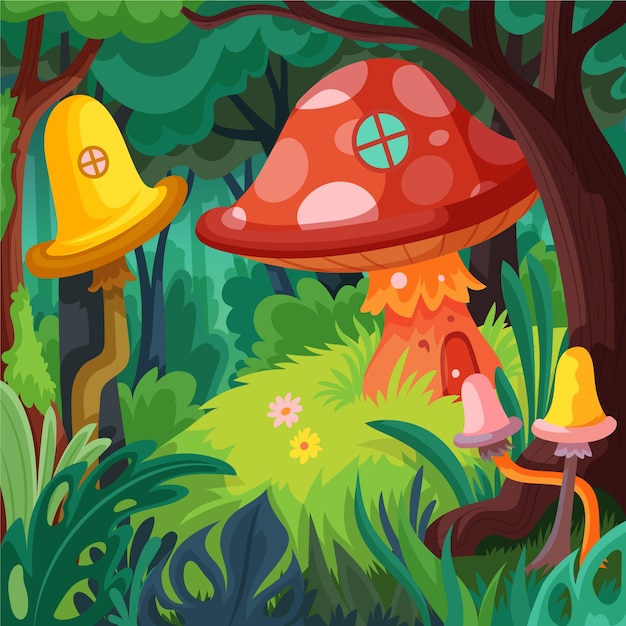 Ilustración de bosque encantado de diseño plano dibujado a mano