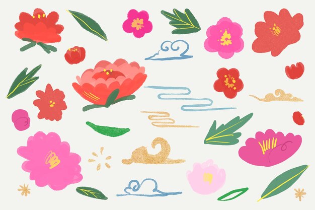 Ilustración botánica de flor rosa y roja oriental