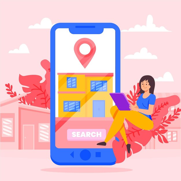 Ilustración de búsqueda de bienes raíces con teléfono inteligente