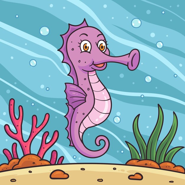 Ilustración de caballito de mar de dibujos animados dibujados a mano