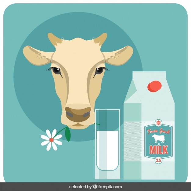 Ilustración de cabeza de vaca y leche en diseño plano