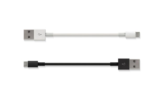 Ilustración de cable micro USB de 3D realista aislado conector blanco y negro