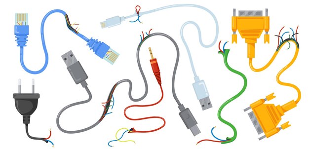 Ilustración de cables y cables USB rotos