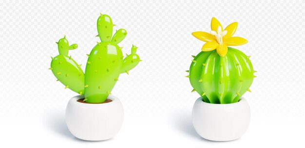 Ilustración de un cactus 3D con una flor en una olla