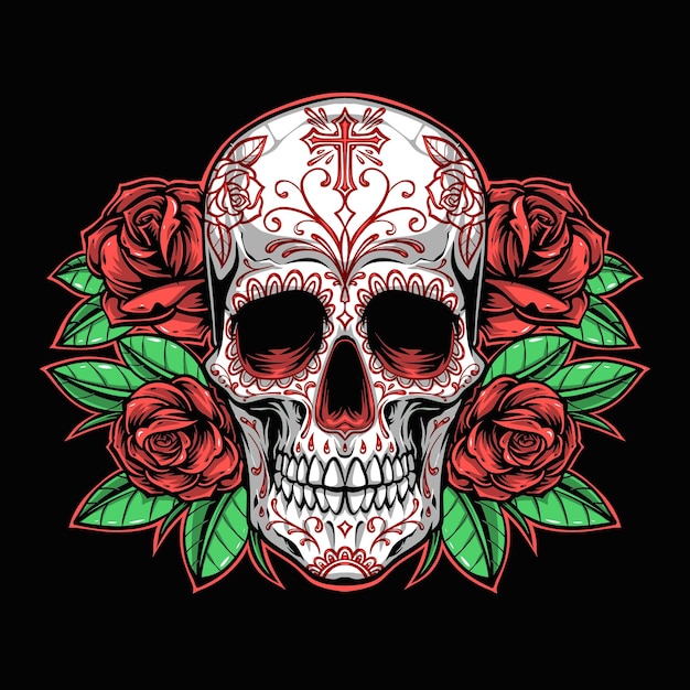 Ilustración de la calavera de azúcar y las rosas rojas