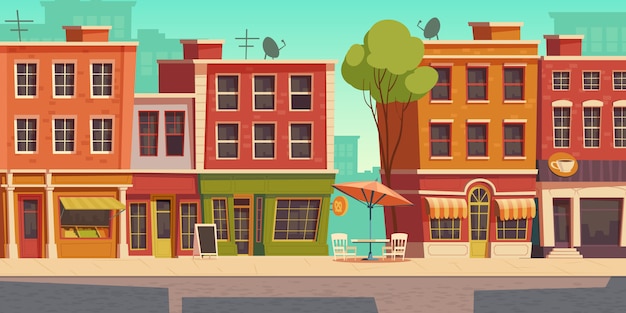 Ilustración de calle urbana con pequeña tienda y restaurante.