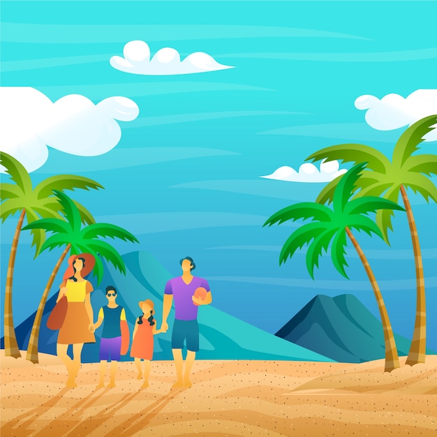Ilustración de calor de verano degradado con familia en la playa