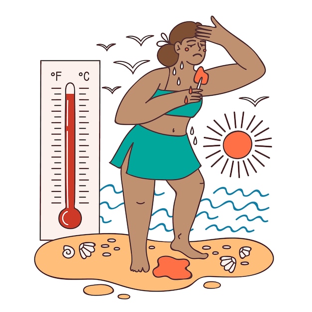 Ilustración de calor de verano dibujada a mano con persona y termómetro