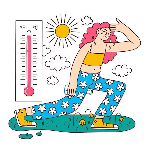 Vector gratuito ilustración de calor de verano dibujada a mano con persona y termómetro