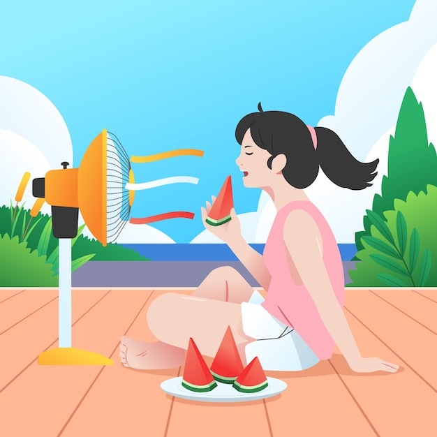 Ilustración de calor de verano gradiente con una mujer comiendo sandía frente al ventilador
