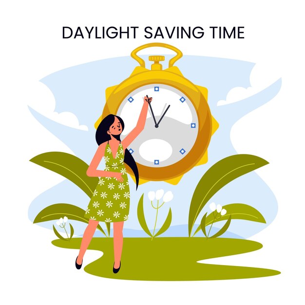 Ilustración de cambio de hora de primavera dibujada a mano con mujer y reloj
